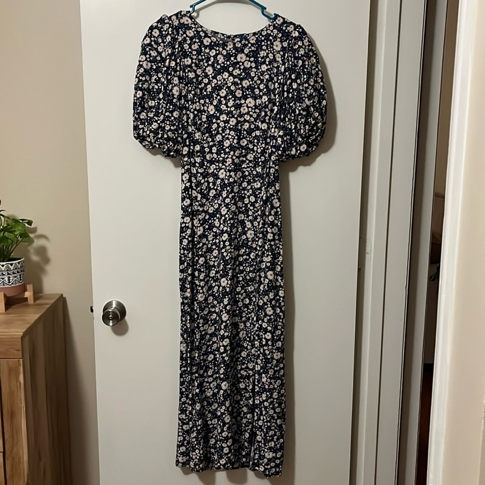 Beautiful Floral Dress with Bubble Sleeves, Slit and Open Back